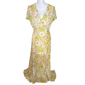 Aakaa Yellow Green Floral Wrap Maxi Dress 70sStyle Boho ShortSleeve Ladies Large